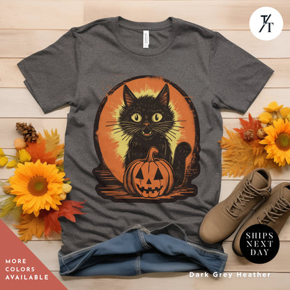 a black cat sitting on top of a pumpkin, Long live halloween Vintage Black Cat Shirt, retro Black Cat Halloween Creepy Cute Shirt, Gift For Cat Lover, Trick Or Treat halloweenshirt