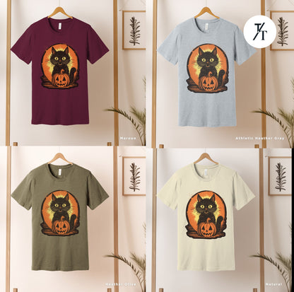four t - shirts with a cat and pumpkin on them, Long live halloween Vintage Black Cat Shirt, retro Black Cat Halloween Creepy Cute Shirt, Gift For Cat Lover, Trick Or Treat halloweenshirt