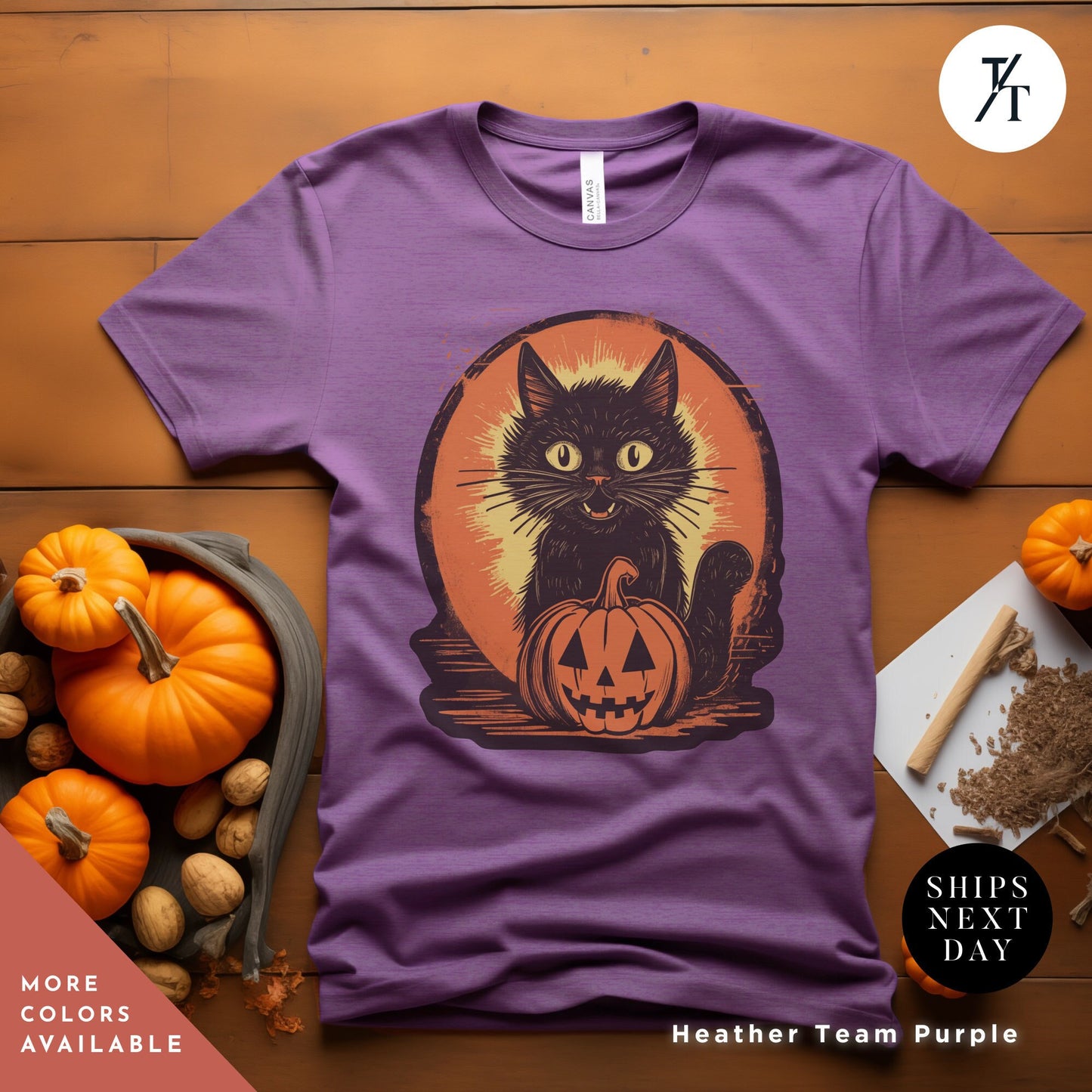 a purple shirt with a black cat sitting on a pumpkin, Long live halloween Vintage Black Cat Shirt, retro Black Cat Halloween Creepy Cute Shirt, Gift For Cat Lover, Trick Or Treat halloweenshirt