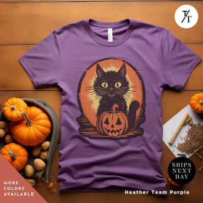a purple shirt with a black cat sitting on a pumpkin, Long live halloween Vintage Black Cat Shirt, retro Black Cat Halloween Creepy Cute Shirt, Gift For Cat Lover, Trick Or Treat halloweenshirt
