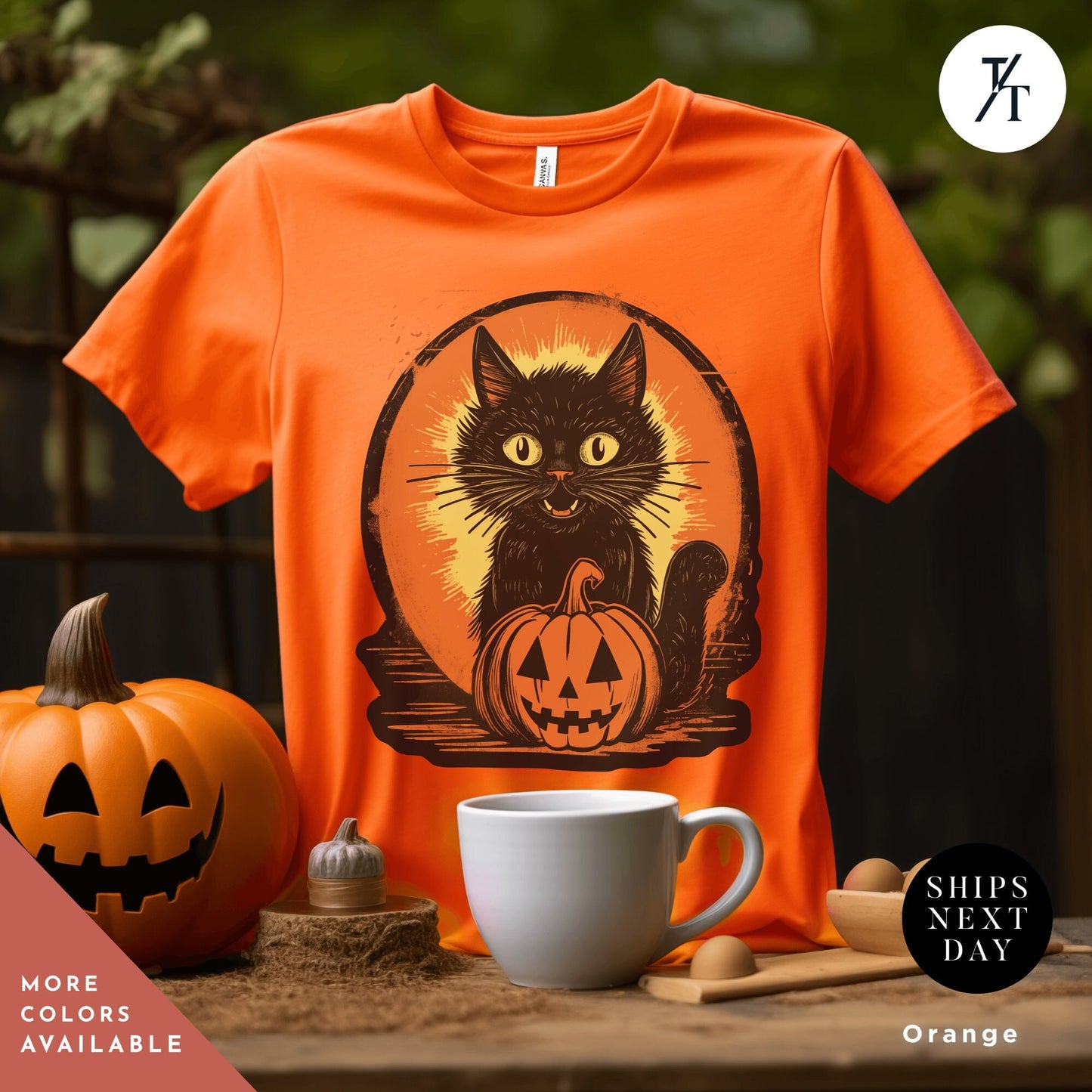 an orange shirt with a black cat on it, Long live halloween Vintage Black Cat Shirt, retro Black Cat Halloween Creepy Cute Shirt, Gift For Cat Lover, Trick Or Treat halloweenshirt