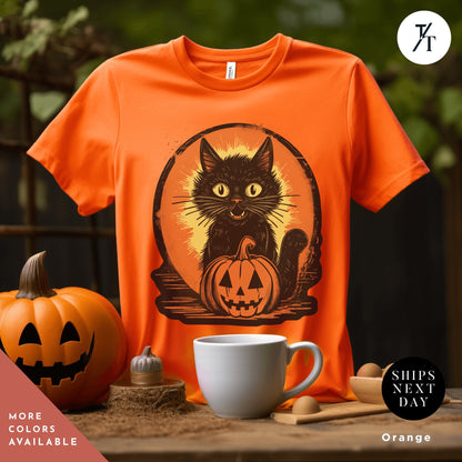 an orange shirt with a black cat on it, Long live halloween Vintage Black Cat Shirt, retro Black Cat Halloween Creepy Cute Shirt, Gift For Cat Lover, Trick Or Treat halloweenshirt
