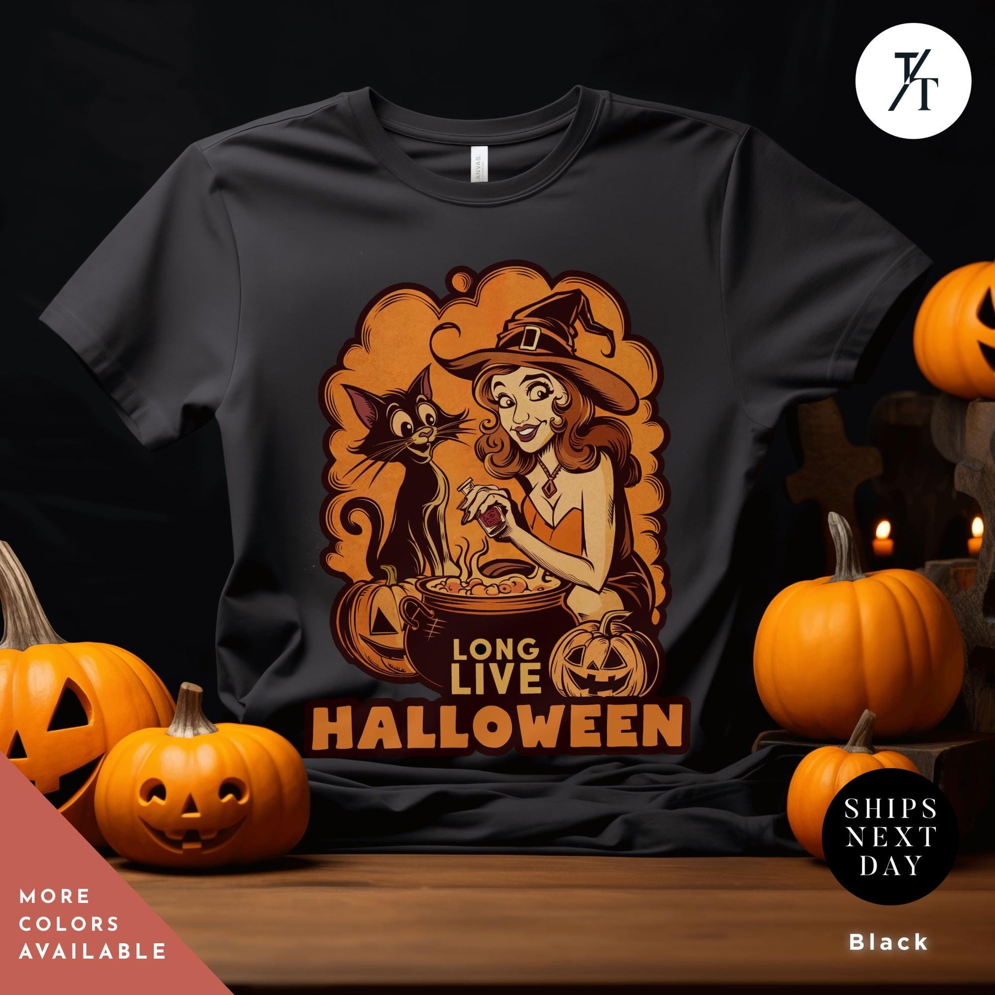 a black t - shirt with an image of a witch on it, Long Live Halloween Vintage Halloween Salem Massachusett retro Witch Shirt, Witchy Clothes, Fall Shirt, Salem Witch Shirt, halloweenshirt