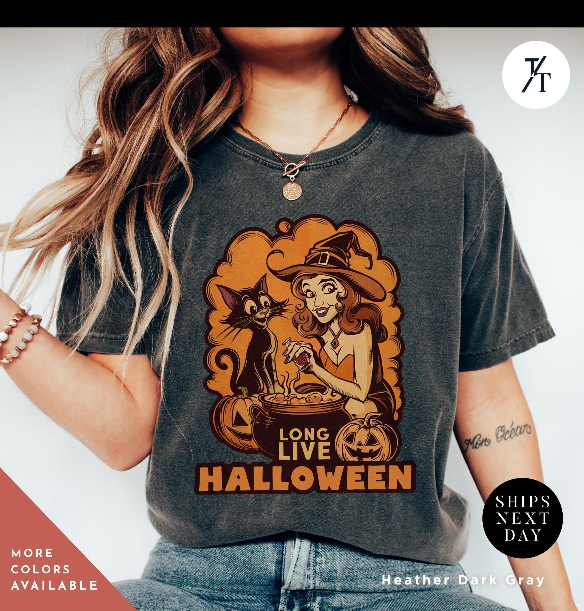a woman wearing a t - shirt that says live halloween, Long Live Halloween Vintage Halloween Salem Massachusett retro Witch Shirt, Witchy Clothes, Fall Shirt, Salem Witch Shirt, halloweenshirt