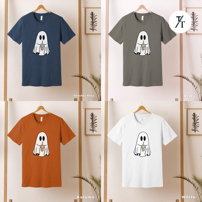 a group of t - shirts with a ghost on them Coffe Ghost Shirt, Little Ghost Iced Coffee Shirt, Halloween Gift Cute Ghost Embroidered Sweatshirt Funny Halloween Tee, Spooky Season Shirt