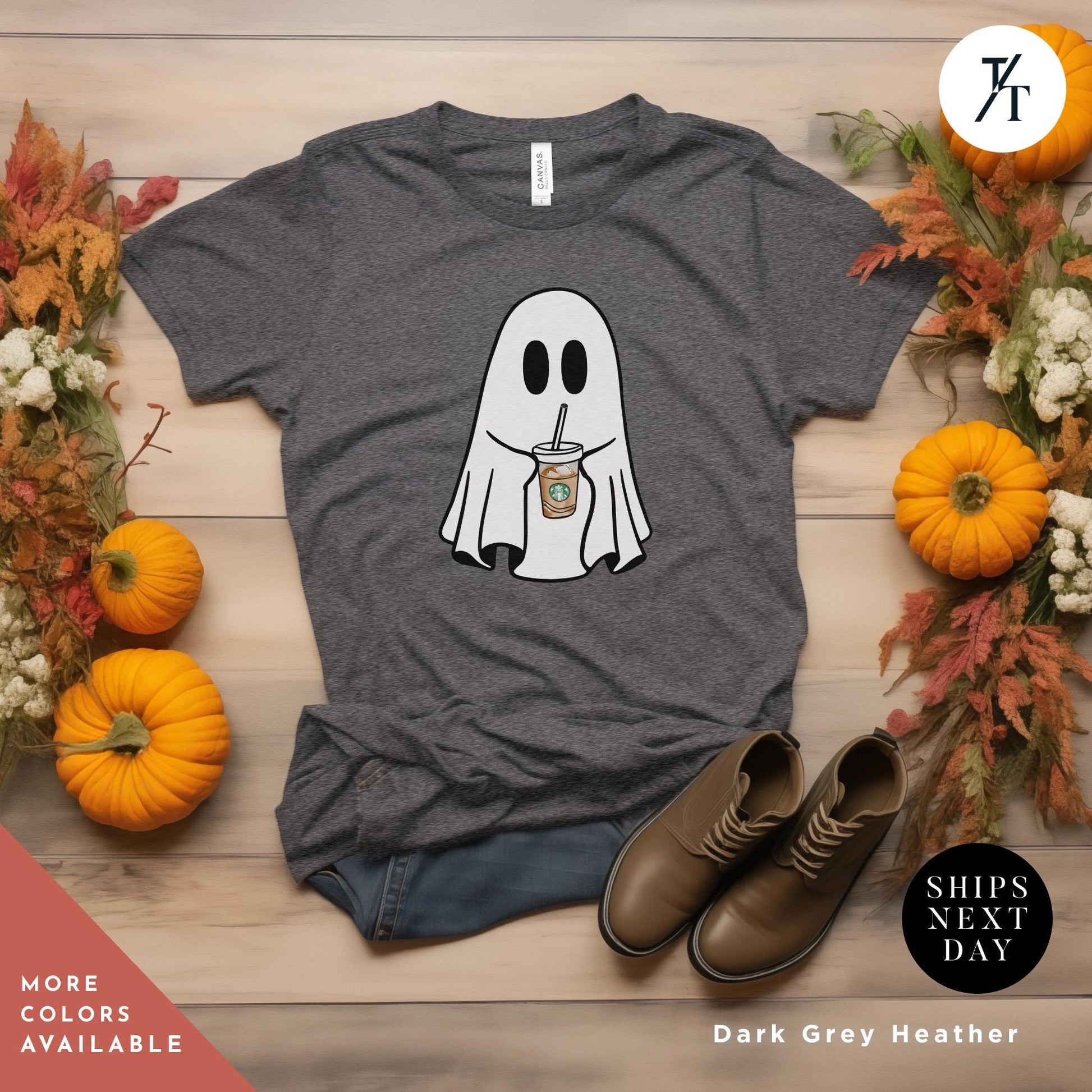 a t - shirt with a ghost holding a drink Coffe Ghost Shirt, Little Ghost Iced Coffee Shirt, Halloween Gift Cute Ghost Embroidered Sweatshirt Funny Halloween Tee, Spooky Season Shirt