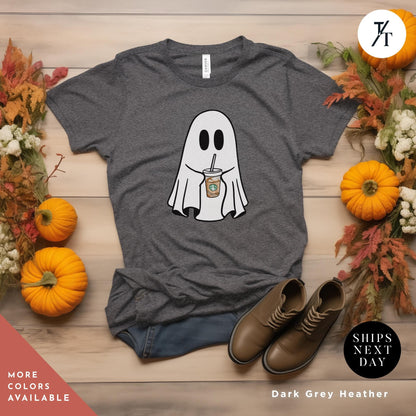 a t - shirt with a ghost holding a drink Coffe Ghost Shirt, Little Ghost Iced Coffee Shirt, Halloween Gift Cute Ghost Embroidered Sweatshirt Funny Halloween Tee, Spooky Season Shirt
