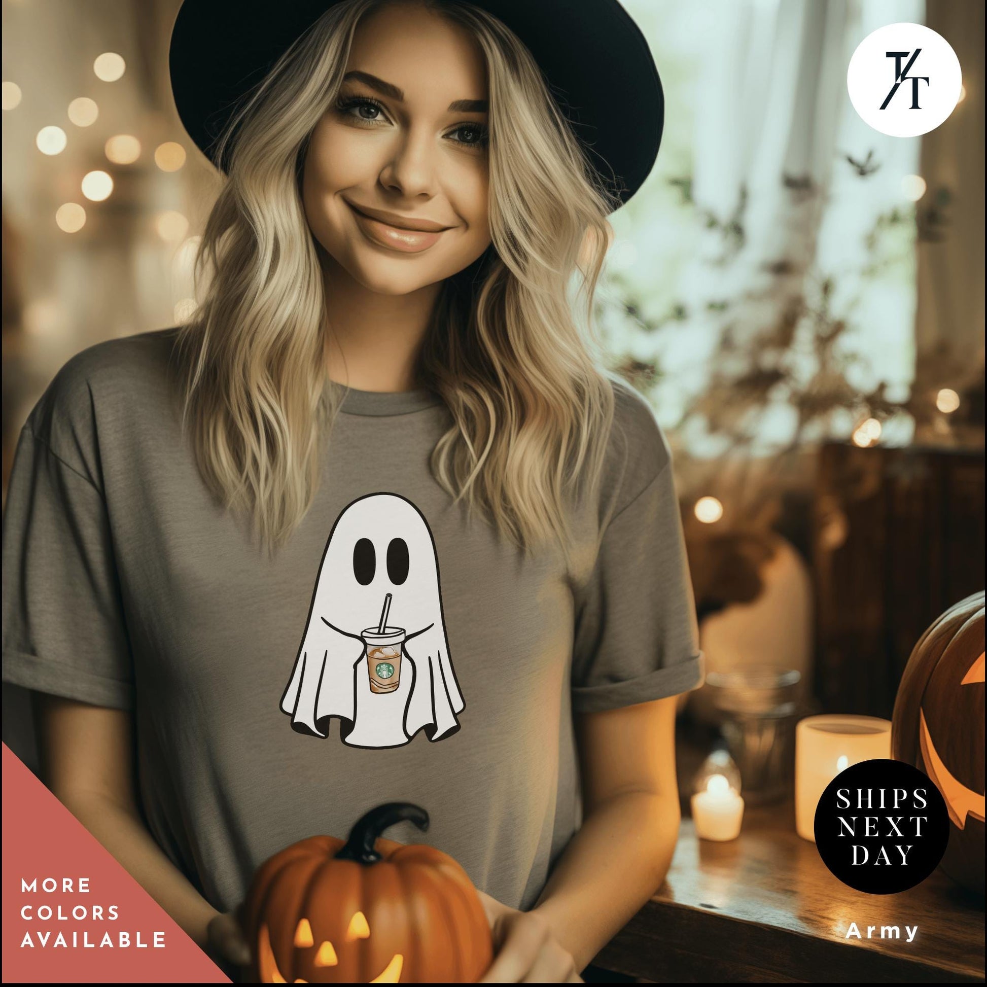 a woman wearing a gray shirt with a ghost on it, Coffe Ghost Shirt, Little Ghost Iced Coffee Shirt, Halloween Gift Cute Ghost Embroidered Sweatshirt Funny Halloween Tee, Spooky Season Shirt
