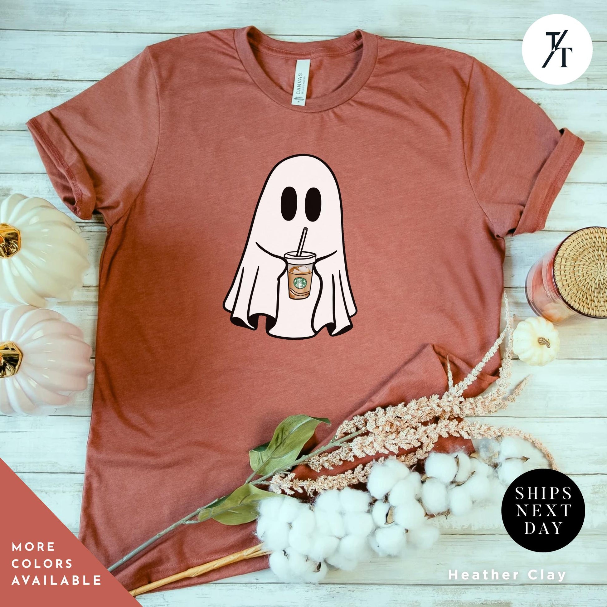 a t - shirt with a picture of a ghost on it Coffe Ghost Shirt, Little Ghost Iced Coffee Shirt, Halloween Gift Cute Ghost Embroidered Sweatshirt Funny Halloween Tee, Spooky Season Shirt