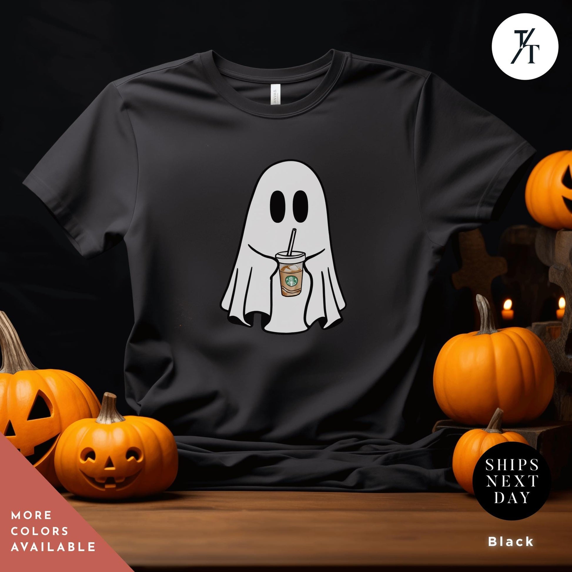 a black t - shirt with a ghost holding a drink Coffe Ghost Shirt, Little Ghost Iced Coffee Shirt, Halloween Gift Cute Ghost Embroidered Sweatshirt Funny Halloween Tee, Spooky Season Shirt