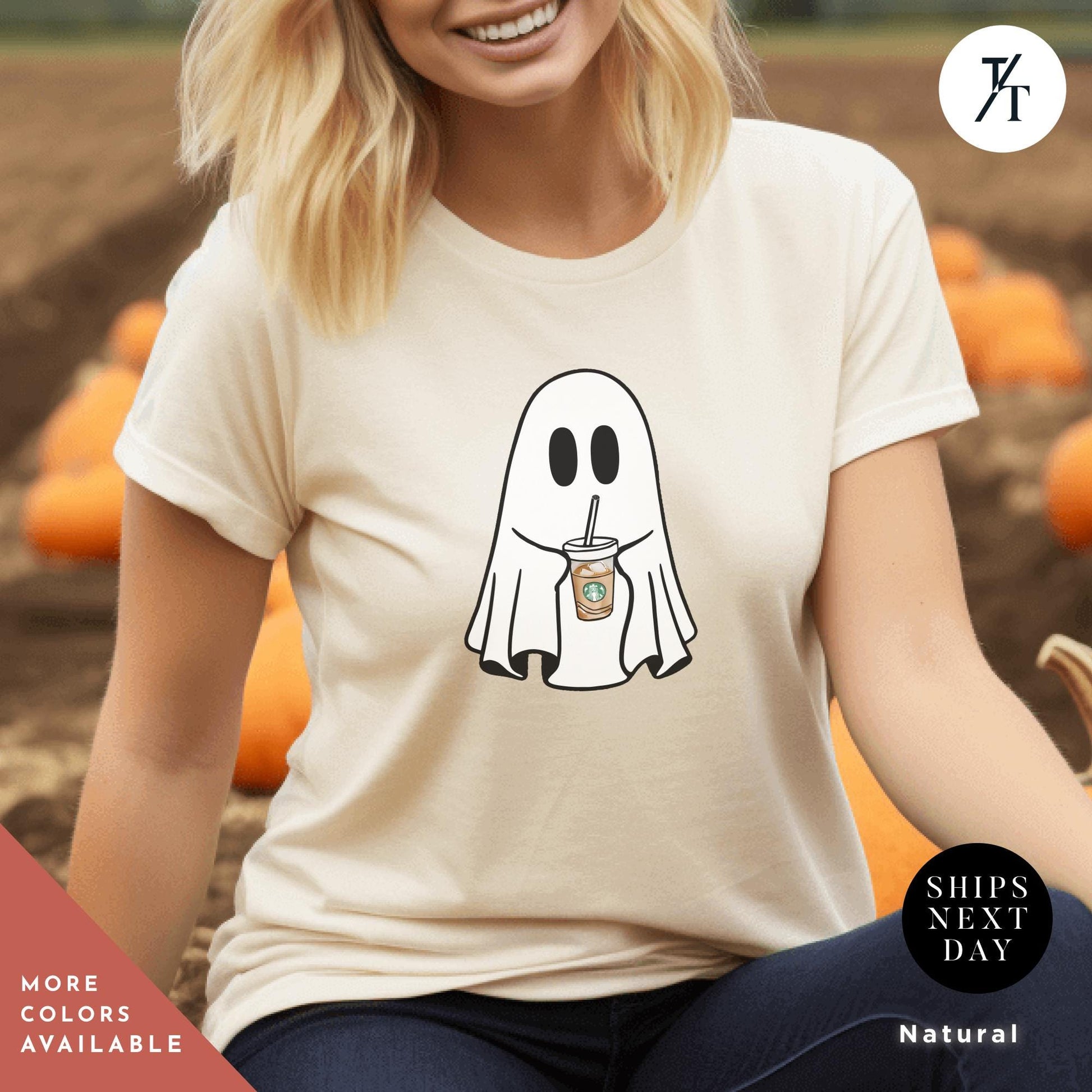 a woman wearing a t - shirt with a ghost holding a drink Coffe Ghost Shirt, Little Ghost Iced Coffee Shirt, Halloween Gift Cute Ghost Embroidered Sweatshirt Funny Halloween Tee, Spooky Season Shirt