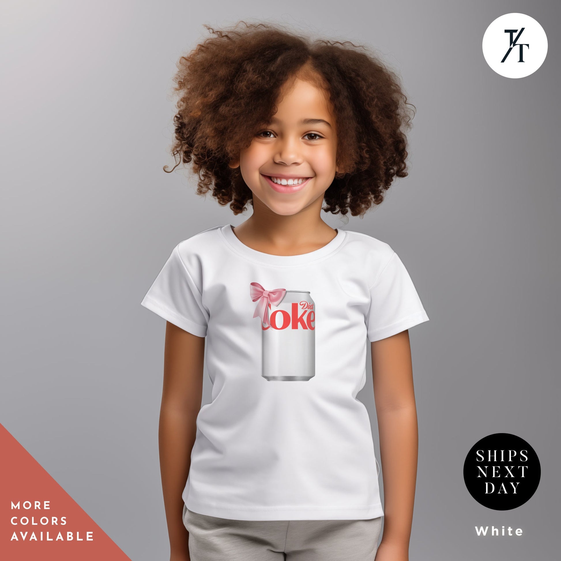 a young girl wearing a white coke t - shirt, Running on Diet Coke Shirt for Kids, Girl&#39;s Trendy Pink Bow Diet Coke Can tee, Children&#39;s youth Back To School Shirt, Kids Coca Cola T-Shirt