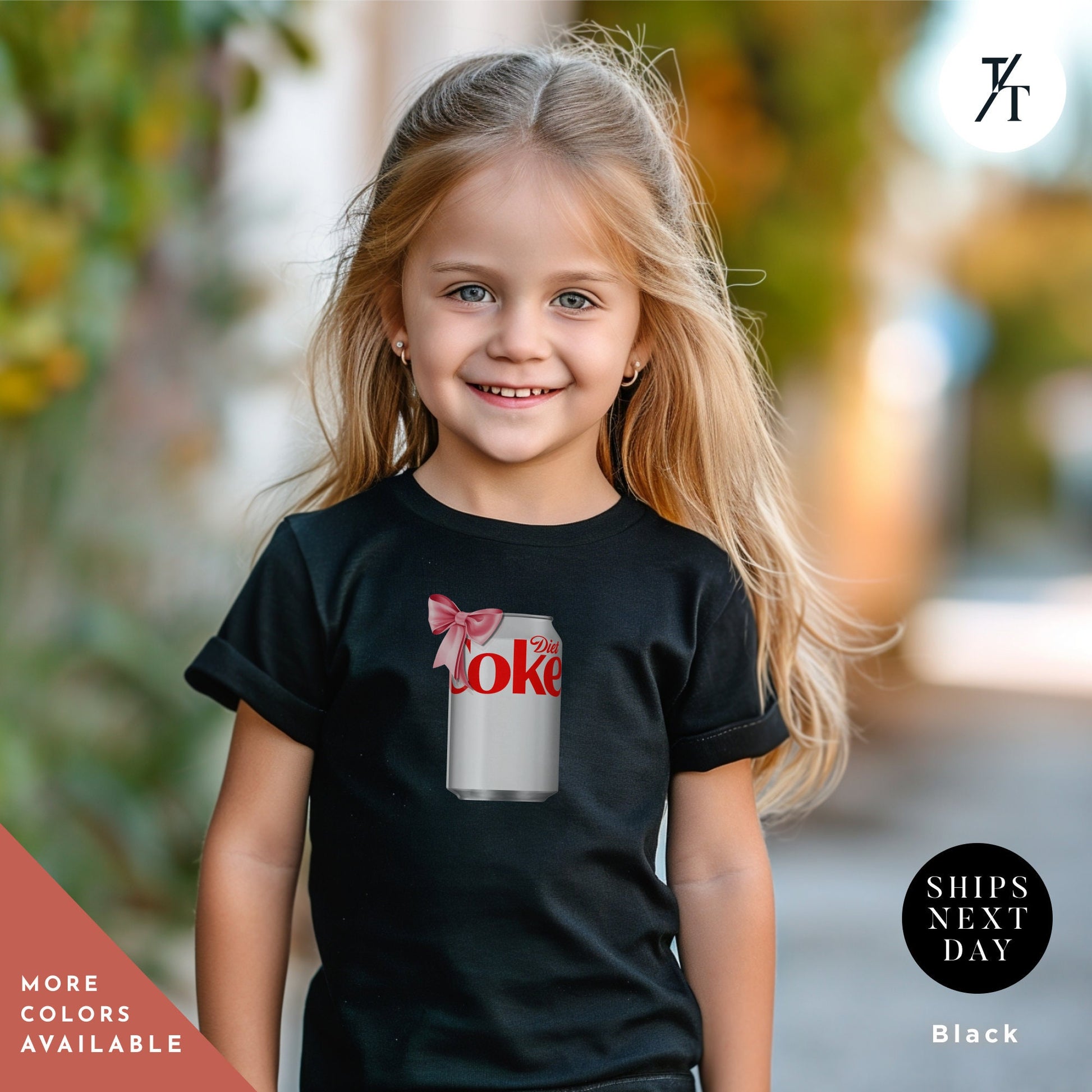 a little girl wearing a black shirt with a coke can on it, Running on Diet Coke Shirt for Kids, Girl&#39;s Trendy Pink Bow Diet Coke Can tee, Children&#39;s youth Back To School Shirt, Kids Coca Cola T-Shirt