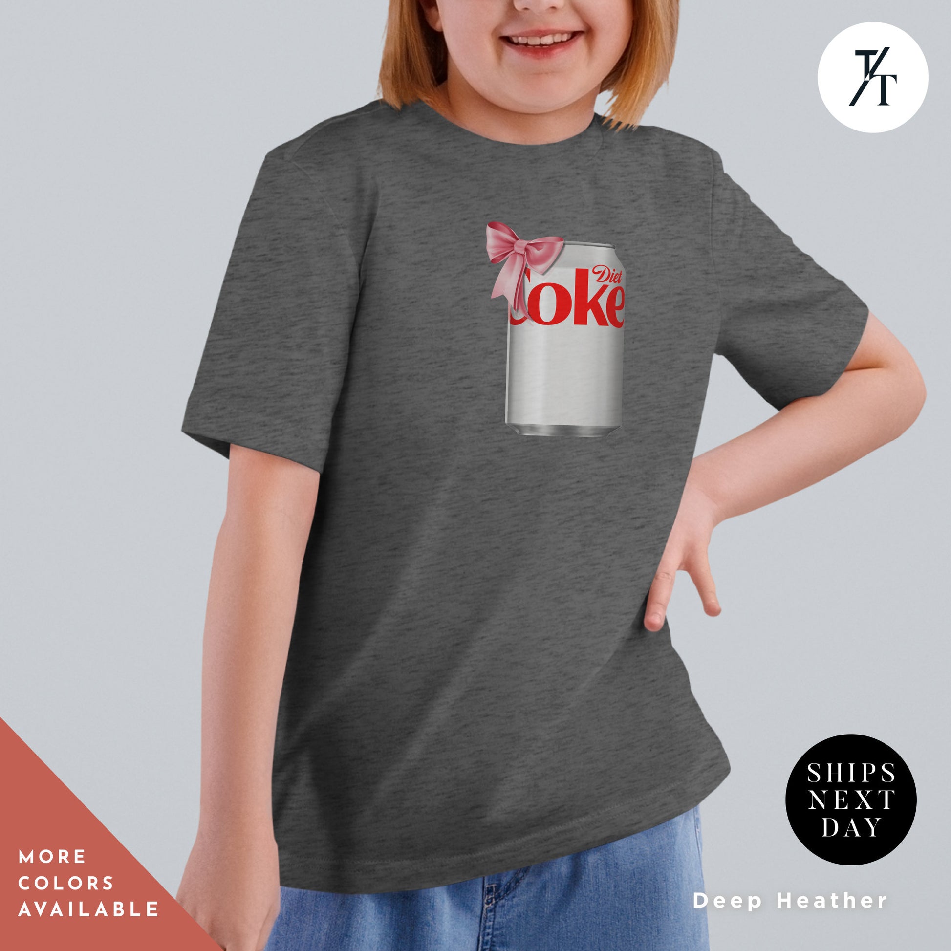 a little girl wearing a coke can t - shirt, Running on Diet Coke Shirt for Kids, Girl&#39;s Trendy Pink Bow Diet Coke Can tee, Children&#39;s youth Back To School Shirt, Kids Coca Cola T-Shirt