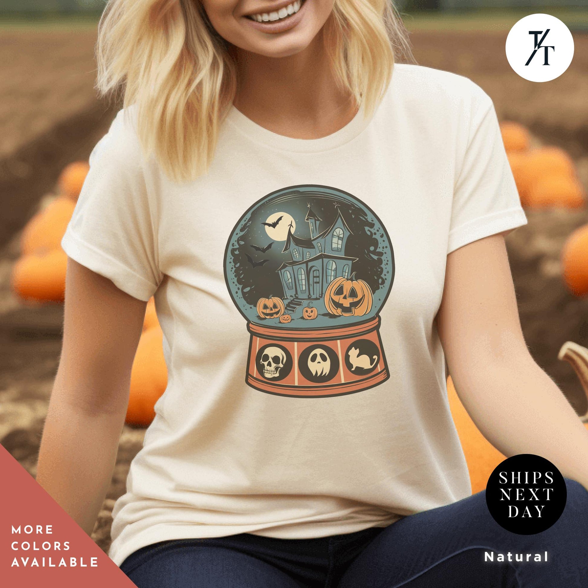 a woman wearing a t - shirt with a of a halloween snow globe, Retro Halloween Shirt, Long Live Halloween, Vintage Halloween Shirt, Retro Halloween, Fall Apparel spooky Season Tee Pumpkin Shirt Black Cat