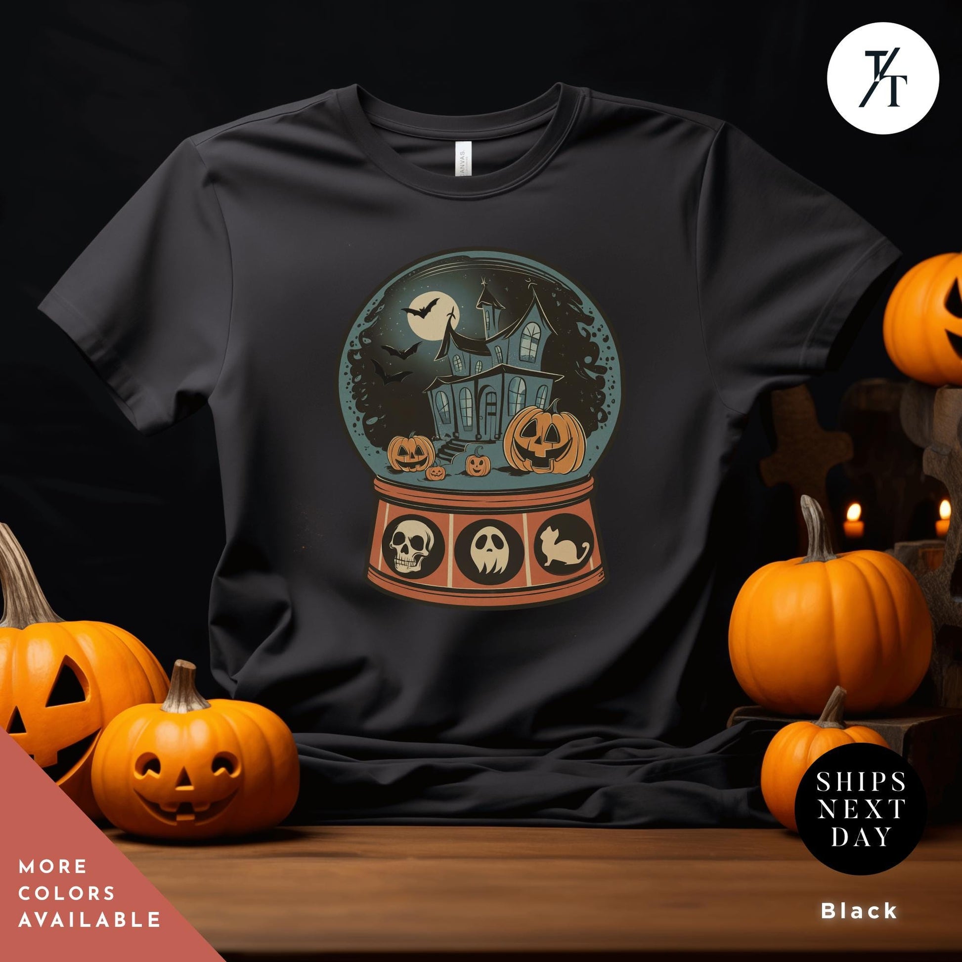 a black t - shirt with a picture of of a halloween snow globe, Retro Halloween Shirt, Long Live Halloween, Vintage Halloween Shirt, Retro Halloween, Fall Apparel spooky Season Tee Pumpkin Shirt Black Cat