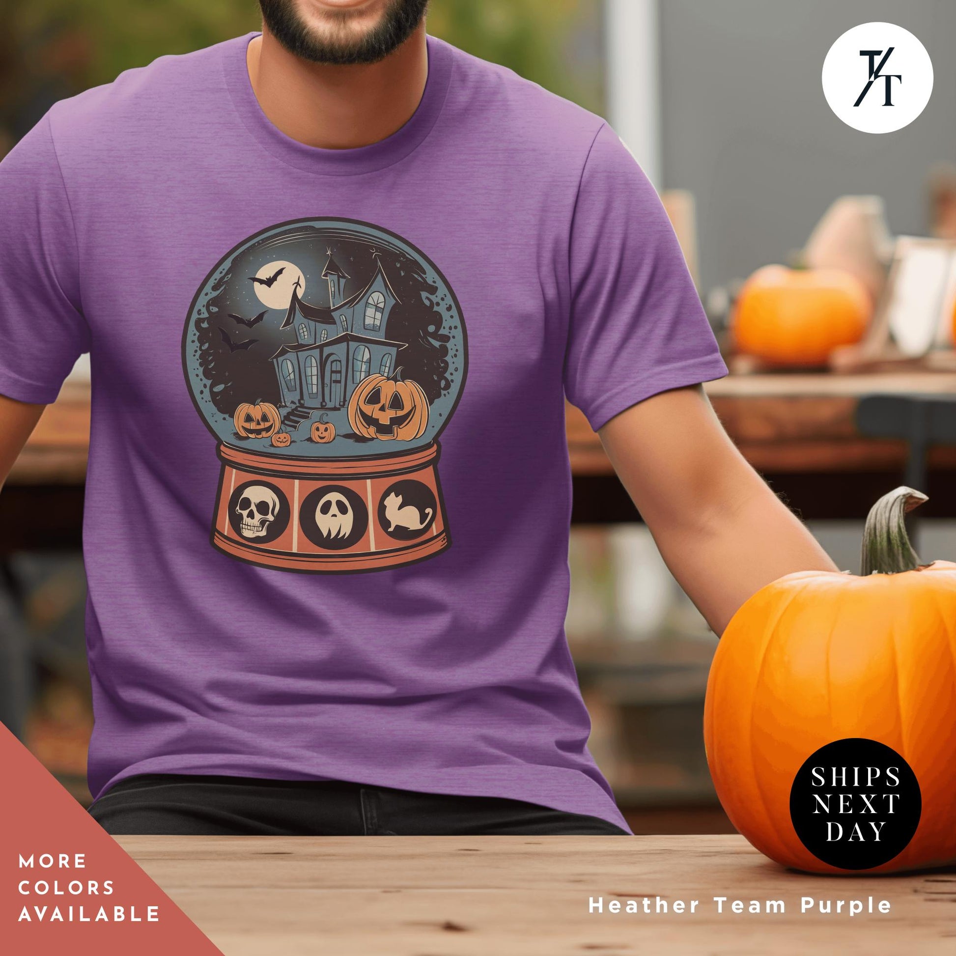 a man sitting next to a pumpkin wearing a shirt with of a halloween snow globe, Retro Halloween Shirt, Long Live Halloween, Vintage Halloween Shirt, Retro Halloween, Fall Apparel spooky Season Tee Pumpkin Shirt Black Cat