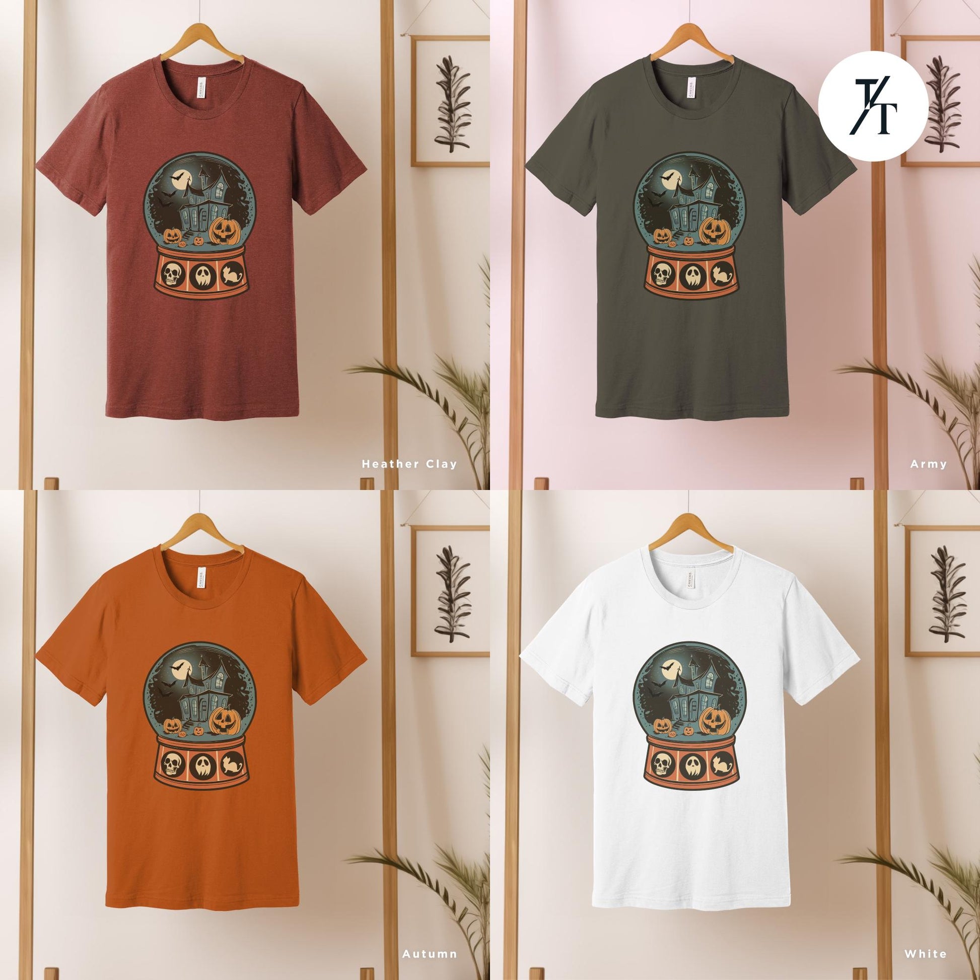 a group of t - shirts hanging on a rack, of a halloween snow globe, Retro Halloween Shirt, Long Live Halloween, Vintage Halloween Shirt, Retro Halloween, Fall Apparel spooky Season Tee Pumpkin Shirt Black Cat