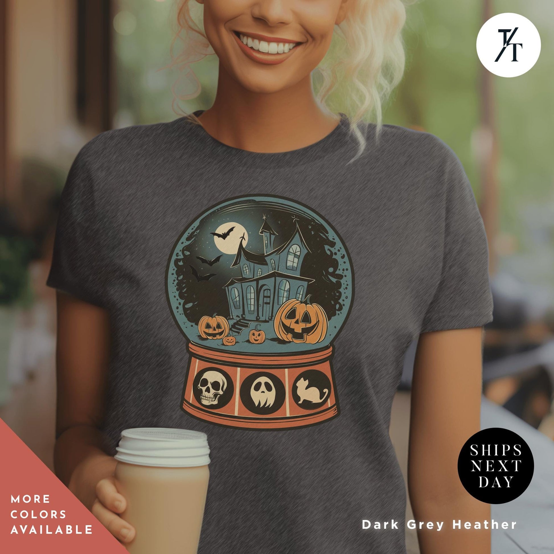 a woman is holding a cup of coffee wearing a shirt with a of a halloween snow globe, Retro Halloween Shirt, Long Live Halloween, Vintage Halloween Shirt, Retro Halloween, Fall Apparel spooky Season Tee Pumpkin Shirt Black Cat