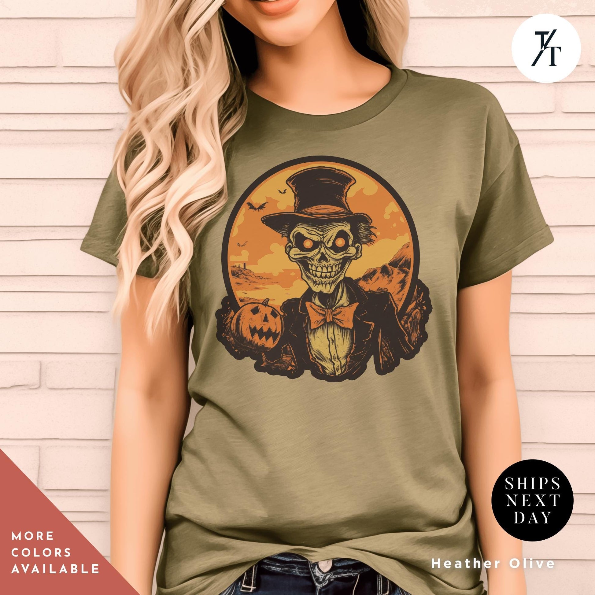 a woman wearing a t - shirt with a skeleton wearing a top hat, Skeleton Halloween Crewneck Halloween shirt, Vintage Halloween Tee, till death do us part skeleton shirt, Retro Skelly Spooky Season Gift