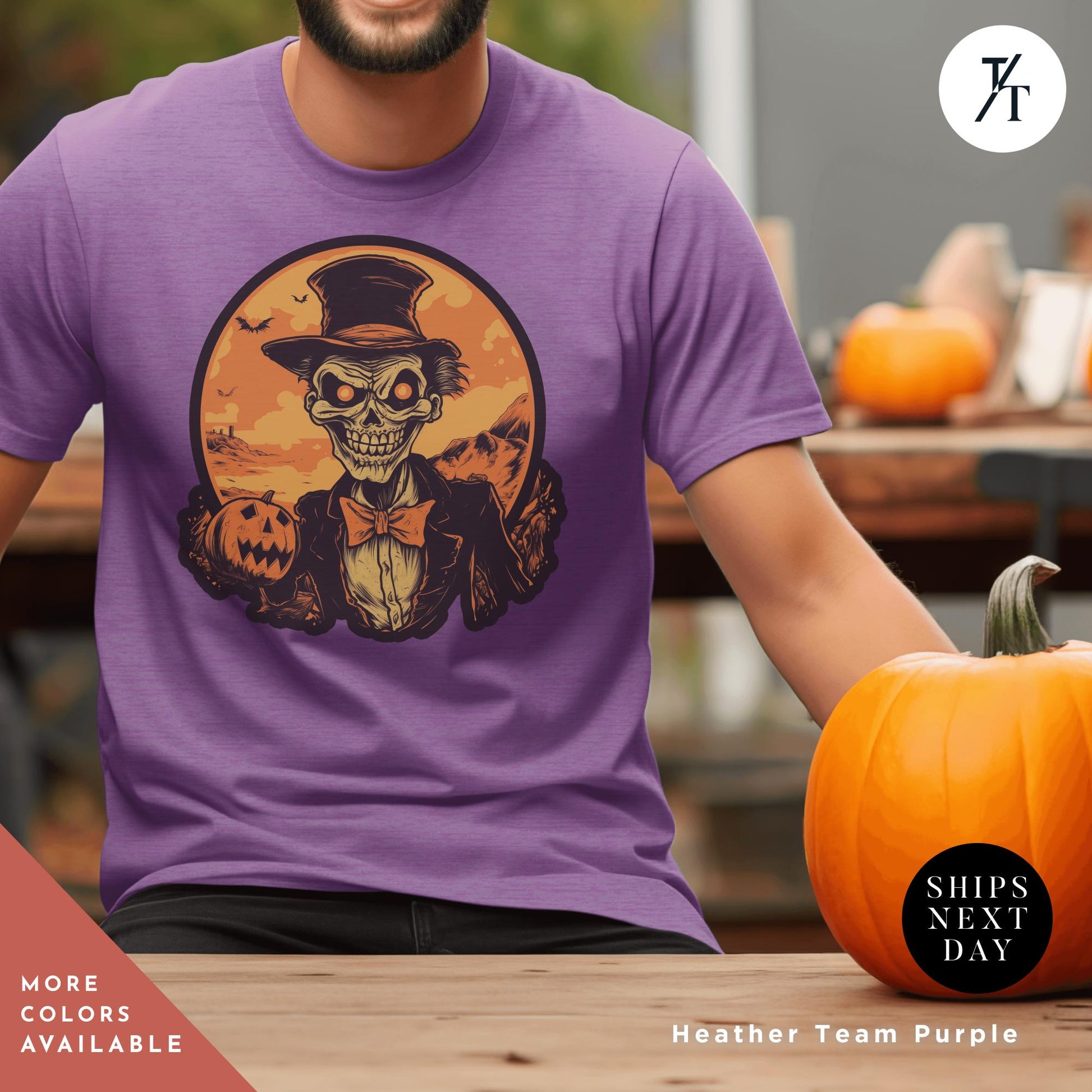 a man wearing a purple shirt with a skeleton wearing a top hat, Skeleton Halloween Crewneck Halloween shirt, Vintage Halloween Tee, till death do us part skeleton shirt, Retro Skelly Spooky Season Gift