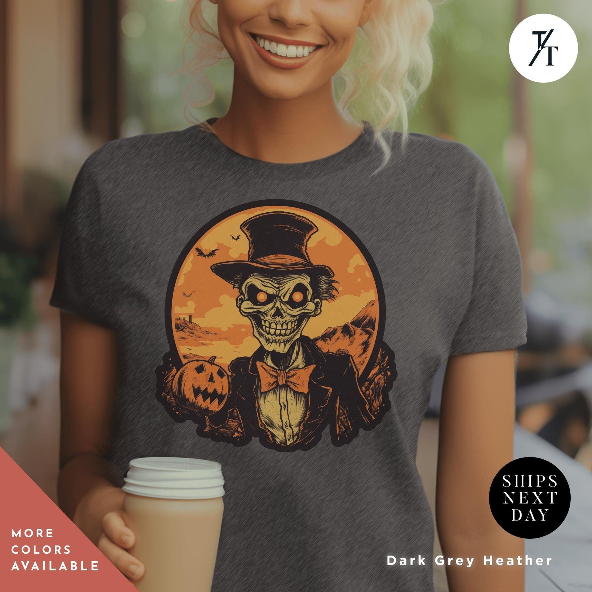 a woman holding a cup of coffee wearing a skeleton t - shirt, Skeleton Halloween Crewneck Halloween shirt, Vintage Halloween Tee, till death do us part skeleton shirt, Retro Skelly Spooky Season Gift
