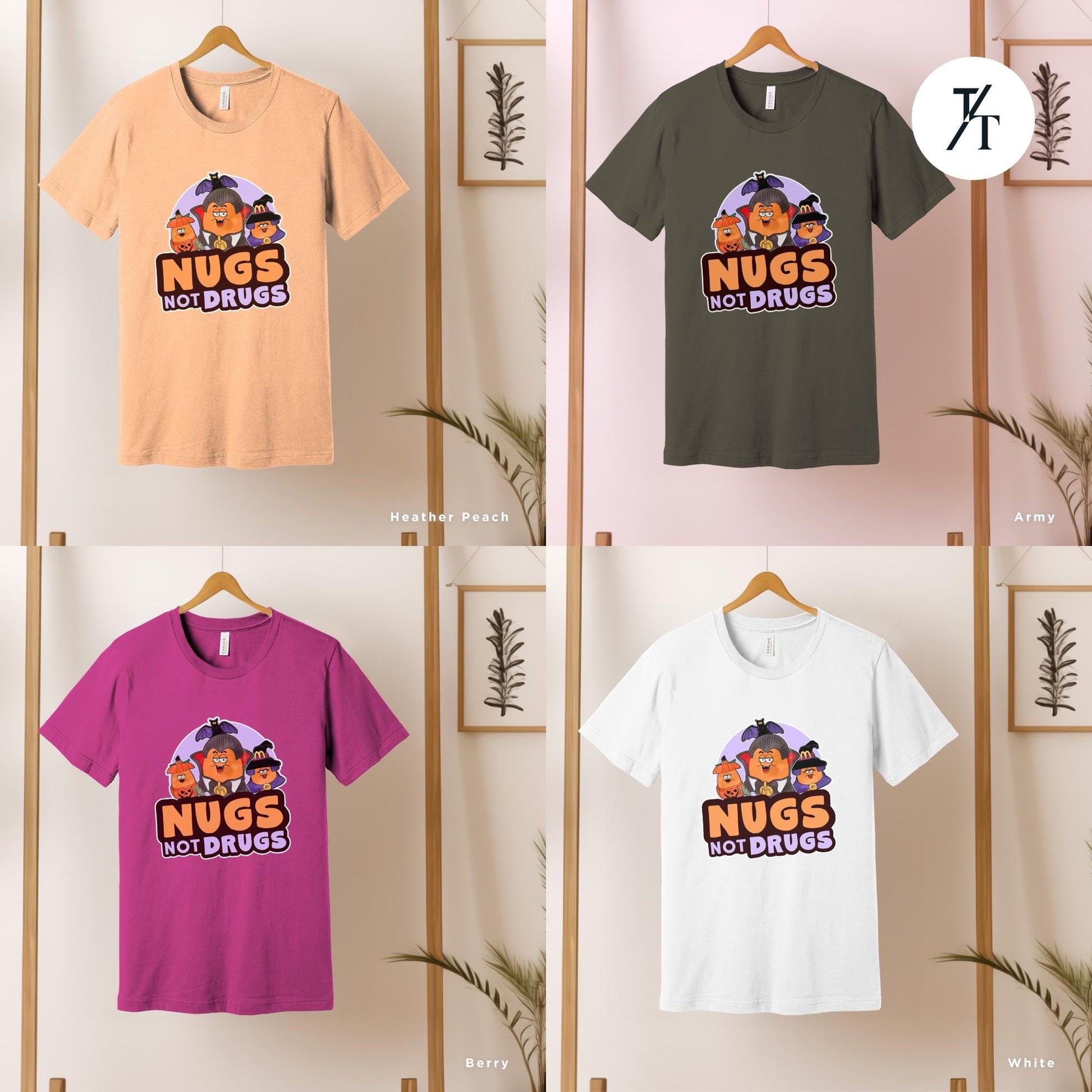 a group of t - shirts hanging on a wall, Retro Halloween Chicken Nuggets Shirt, Spooky Nuggets Tee, McDonald&#39;s Halloween, Funny Fall Gift, Vintage Spooky Season Shirt chicken nugget