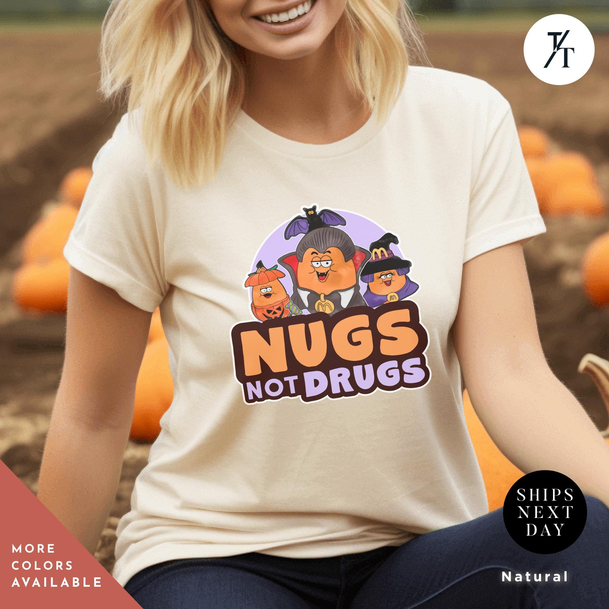 a woman wearing a t - shirt that says nugs not drugs, Retro Halloween Chicken Nuggets Shirt, Spooky Nuggets Tee, McDonald&#39;s Halloween, Funny Fall Gift, Vintage Spooky Season Shirt chicken nugget