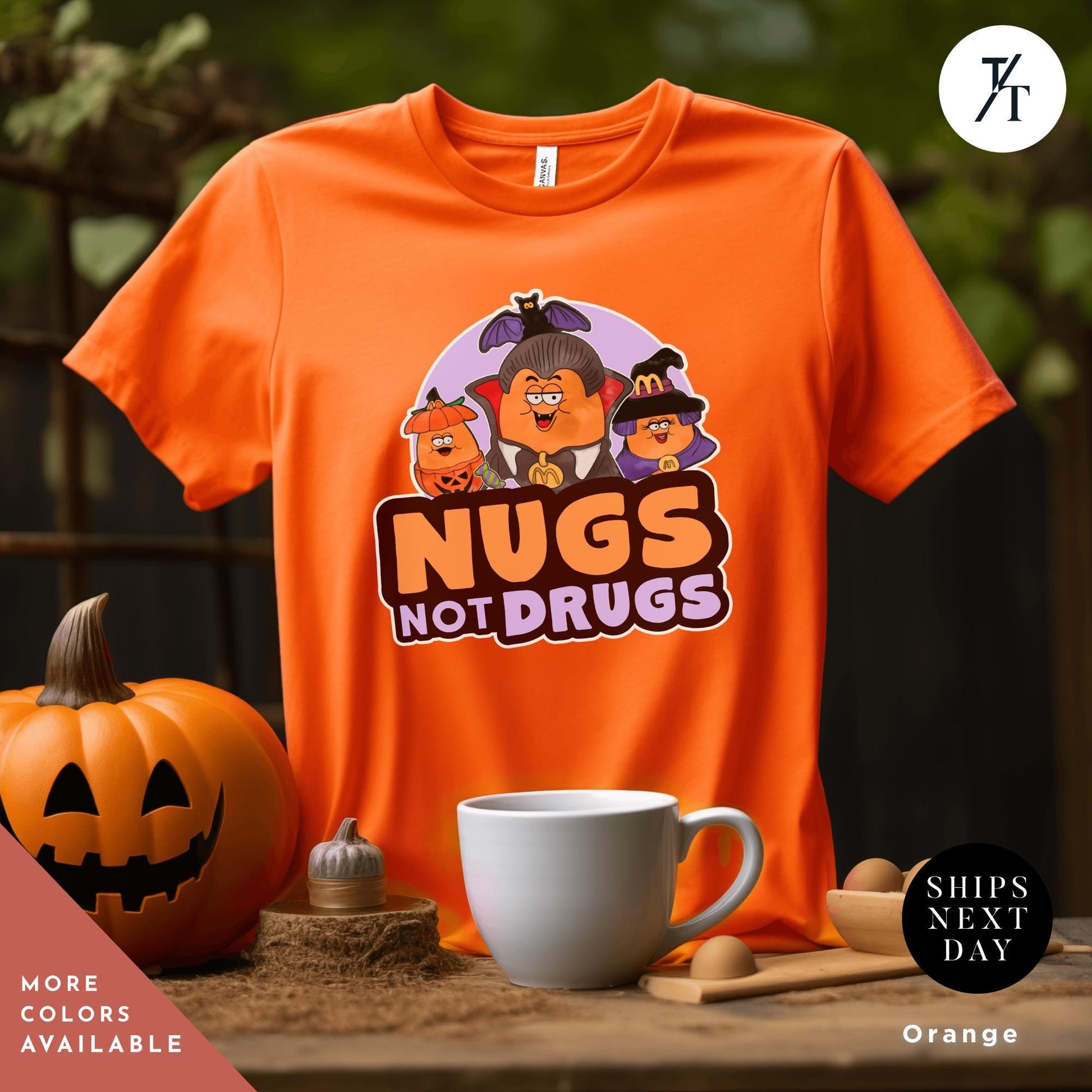 an orange t - shirt with the words nugs not drugs next to a cup, Retro Halloween Chicken Nuggets Shirt, Spooky Nuggets Tee, McDonald&#39;s Halloween, Funny Fall Gift, Vintage Spooky Season Shirt chicken nugget