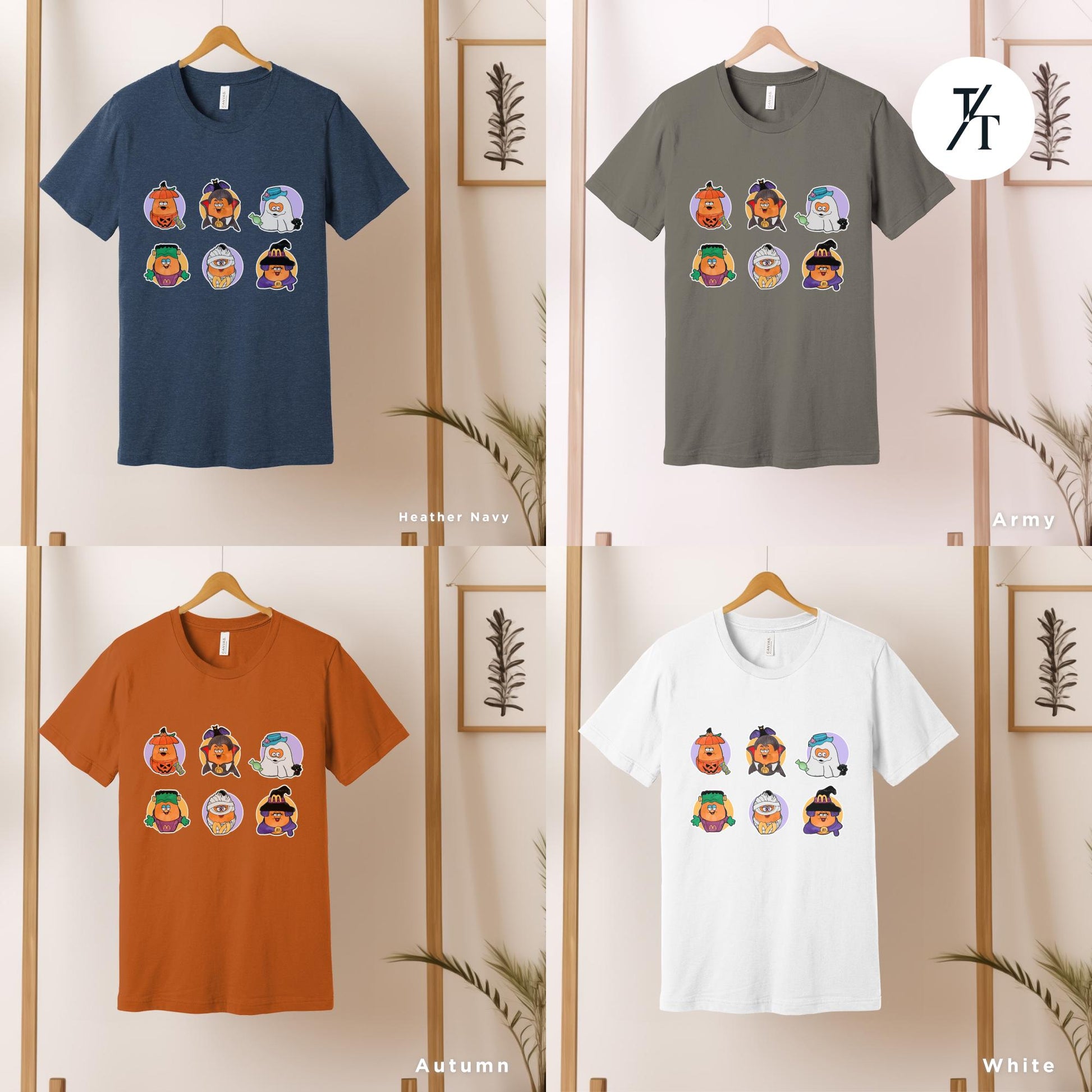 a group of t - shirts hanging on a wall, Halloween Nuggets Shirt, Retro Halloween Tee, Vintage Scary Chicken Nugget Lover Gift, 80s Kids Throwback, Spooky Season Shirt