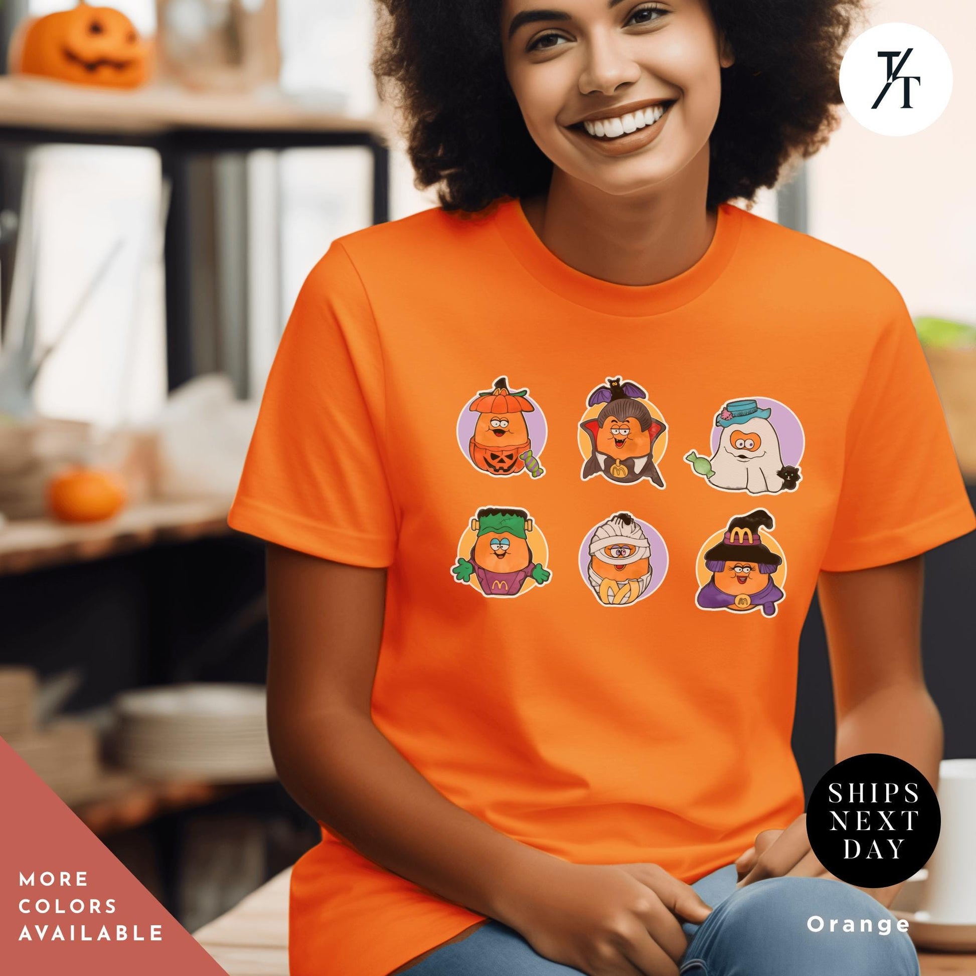 a woman wearing an orange halloween t - shirt, Halloween Nuggets Shirt, Retro Halloween Tee, Vintage Scary Chicken Nugget Lover Gift, 80s Kids Throwback, Spooky Season Shirt