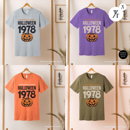 a group of halloween shirts hanging on a wall, Retro halloween 1978 t-shirt Michael Myers Shirt 1978 Halloween Movie Party Tee, Vintage John Carpenter, Spooky Season Original Scary movie