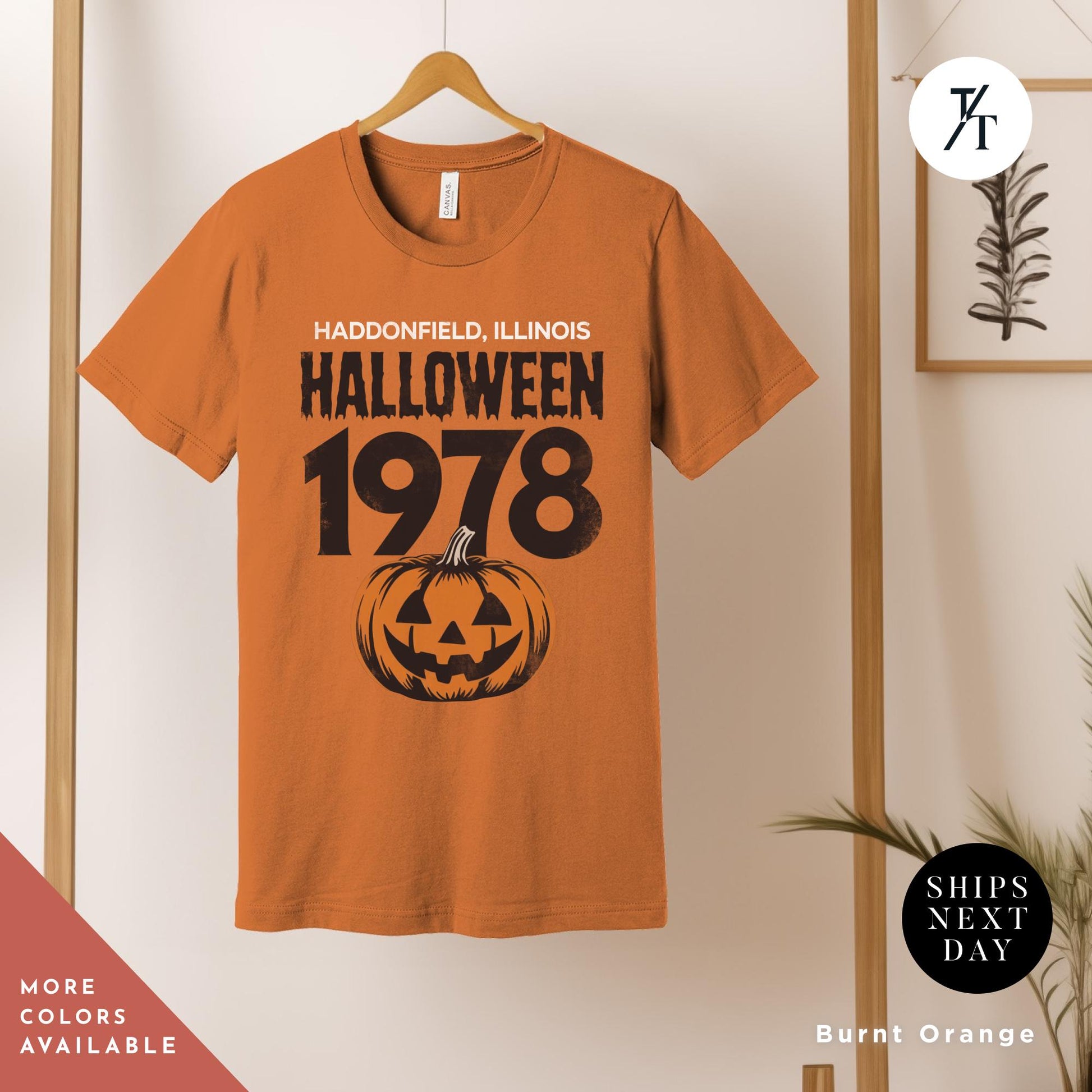 an orange halloween t - shirt hanging on a wall, Retro halloween 1978 t-shirt Michael Myers Shirt 1978 Halloween Movie Party Tee, Vintage John Carpenter, Spooky Season Original Scary movie