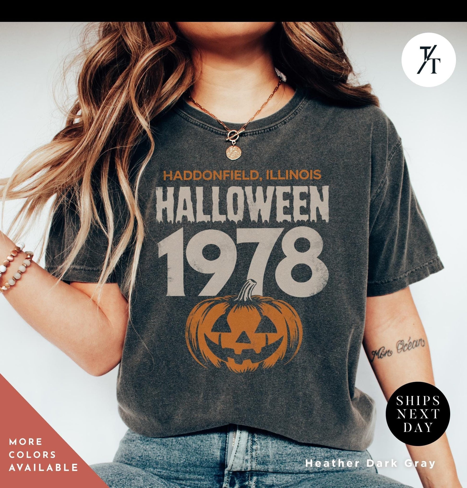 a woman wearing a halloween shirt with a jack - o&#39;- lantern on it, Retro halloween 1978 t-shirt Michael Myers Shirt 1978 Halloween Movie Party Tee, Vintage John Carpenter, Spooky Season Original Scary movie