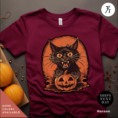 Long live halloween Vintage Scaredy Cat Black Cat Shirt, retro halloween scary zombie cat shirt, spooky season Trick Or Treat halloweenshirt