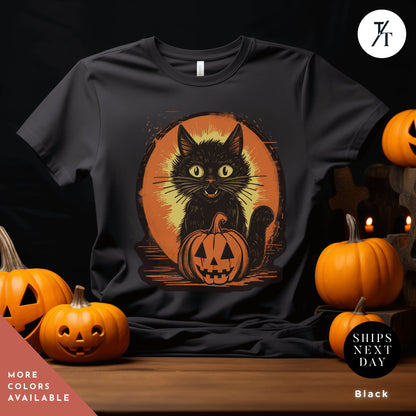 a black cat with a jack - o&#39;- lantern on it&#39;s chest, Long live halloween Vintage Black Cat Shirt, retro Black Cat Halloween Creepy Cute Shirt, Gift For Cat Lover, Trick Or Treat halloweenshirt
