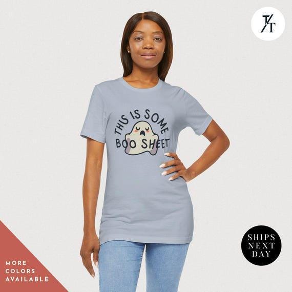 a woman wearing a t - shirt that says this is some boosh,  this some boo shit shirt, Funny Halloween ghost this Is Some Boo Sheet Ghost Shit shirt, Funny Halloween cute spooky season ghosts tshirt