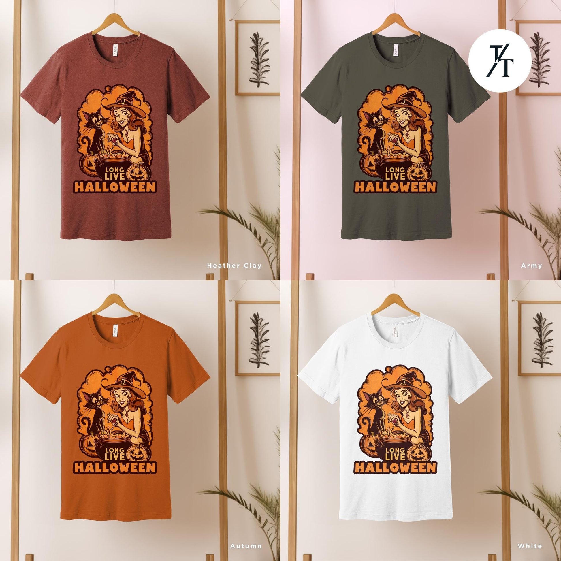 a group of t - shirts hanging on a wall, Long Live Halloween Vintage Halloween Salem Massachusett retro Witch Shirt, Witchy Clothes, Fall Shirt, Salem Witch Shirt, halloweenshirt