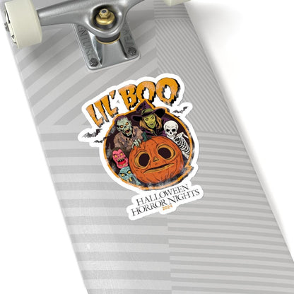 a skateboard with a picture of a pumpkin on it, Halloween horror nights sticker Hhn Jack Decal Lil Boo Sticker, Halloween Horror Nights Uoap Decals, Universal Stickers, Universal Studios