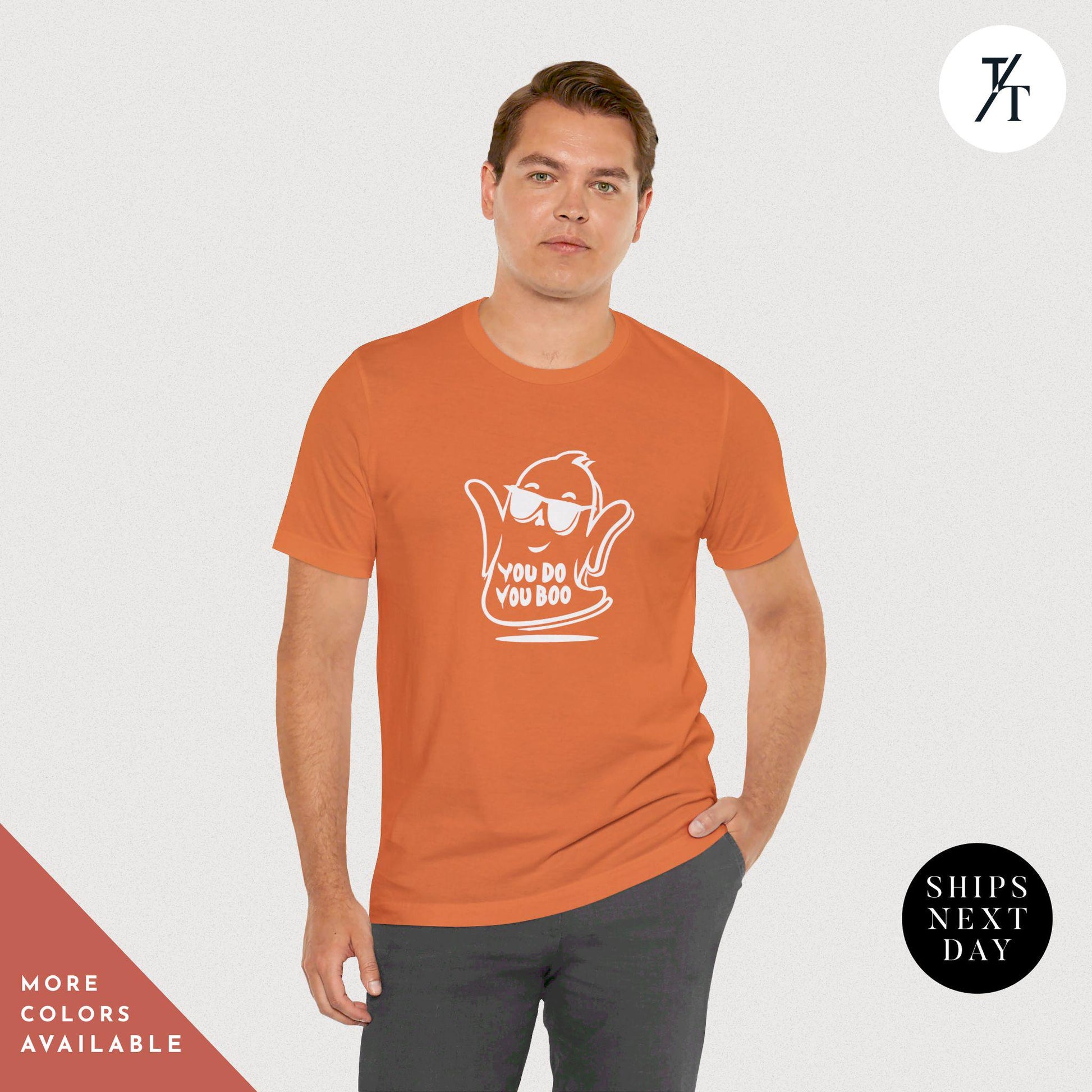 a man wearing an orange t - shirt with a picture of a ghost on, Cute Ghost Shirt, You Do You Boo Shirt, Spooky Season, Funny Halloween Gifts, Cute Halloween tShirt, I Ghost People tShirt, Spooky Vibes tee