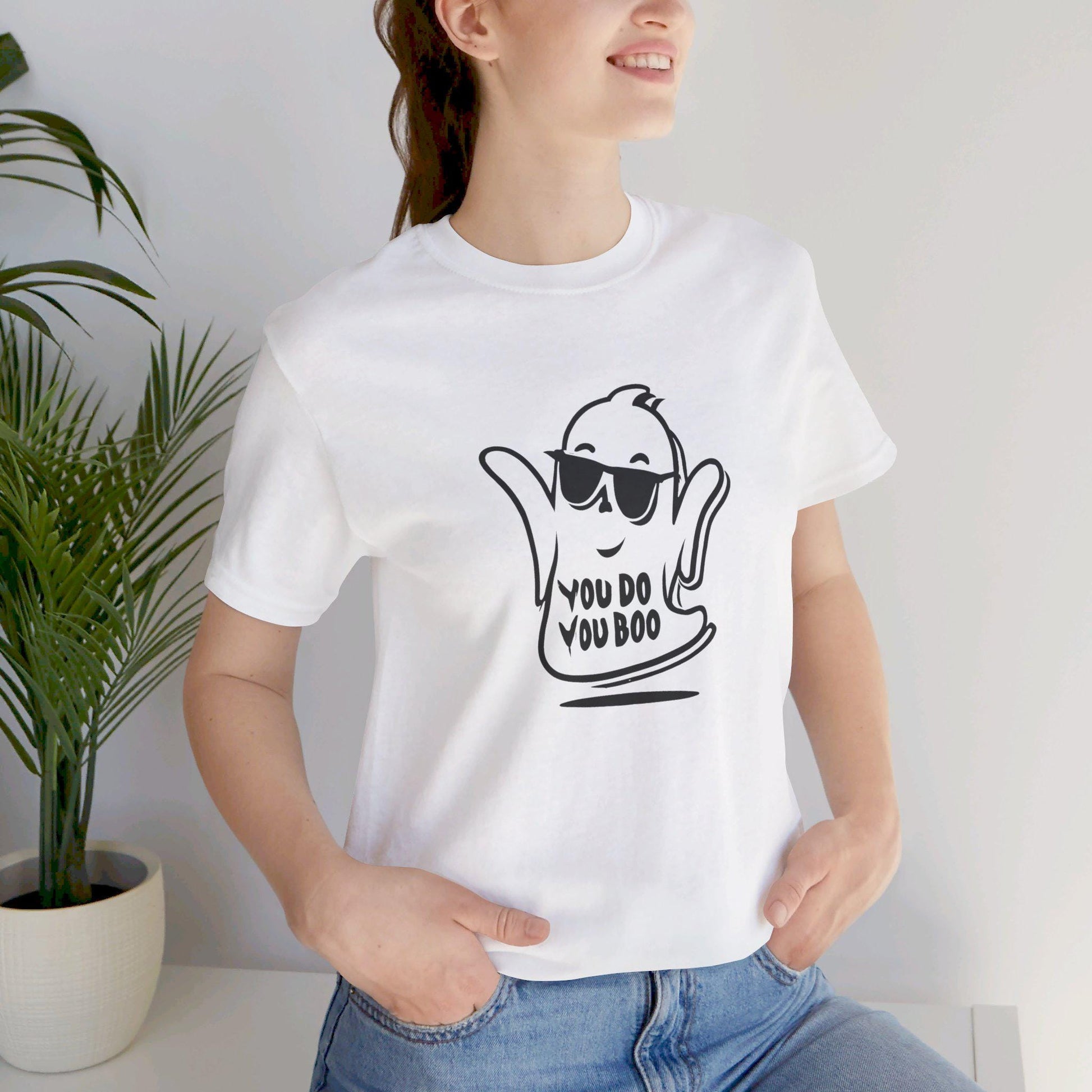 a woman wearing a white t - shirt with a ghost on it, Cute Ghost Shirt, You Do You Boo Shirt, Spooky Season, Funny Halloween Gifts, Cute Halloween tShirt, I Ghost People tShirt, Spooky Vibes tee