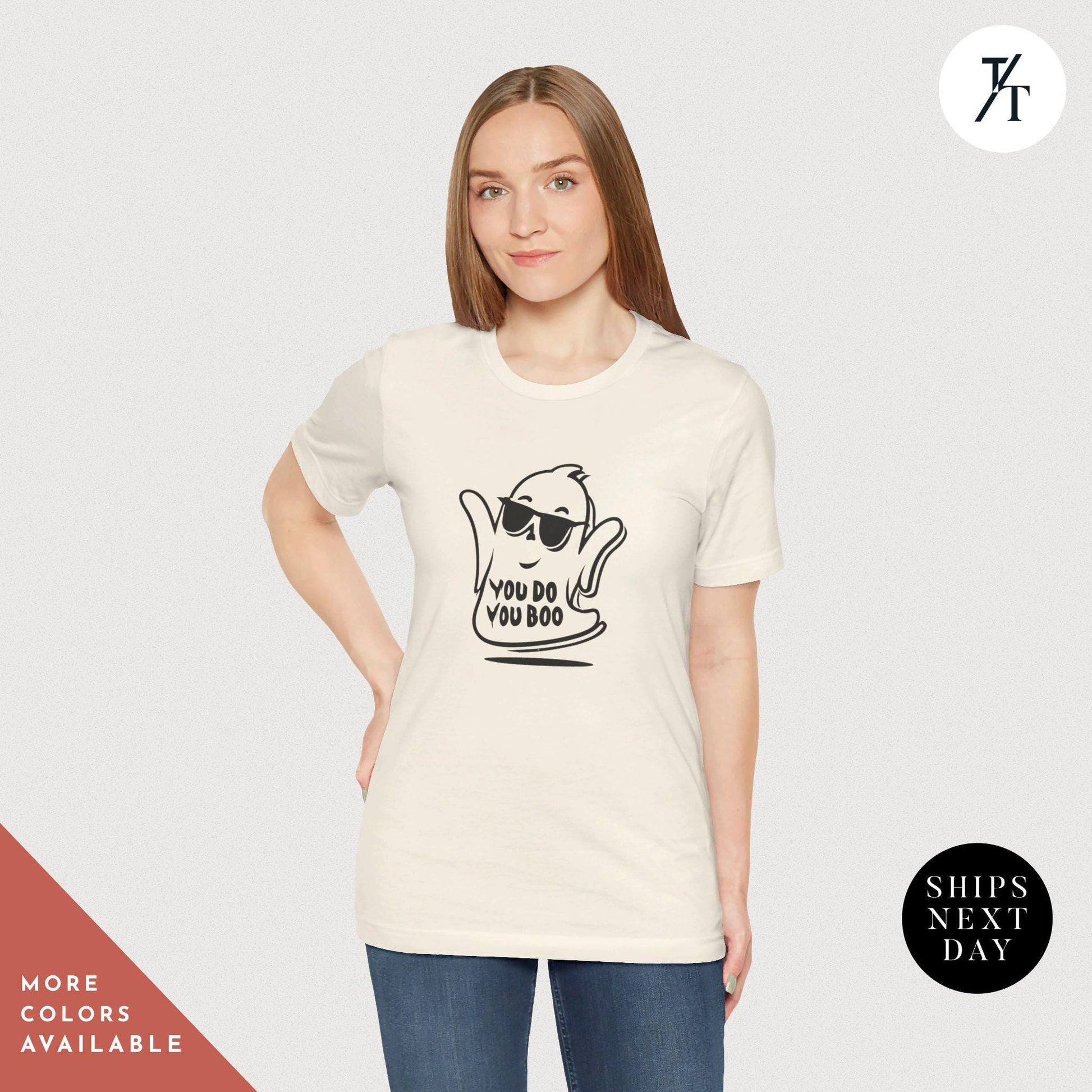 a woman wearing a white t - shirt with a black and white image of a ghost, , Cute Ghost Shirt, You Do You Boo Shirt, Spooky Season, Funny Halloween Gifts, Cute Halloween tShirt, I Ghost People tShirt, Spooky Vibes tee
