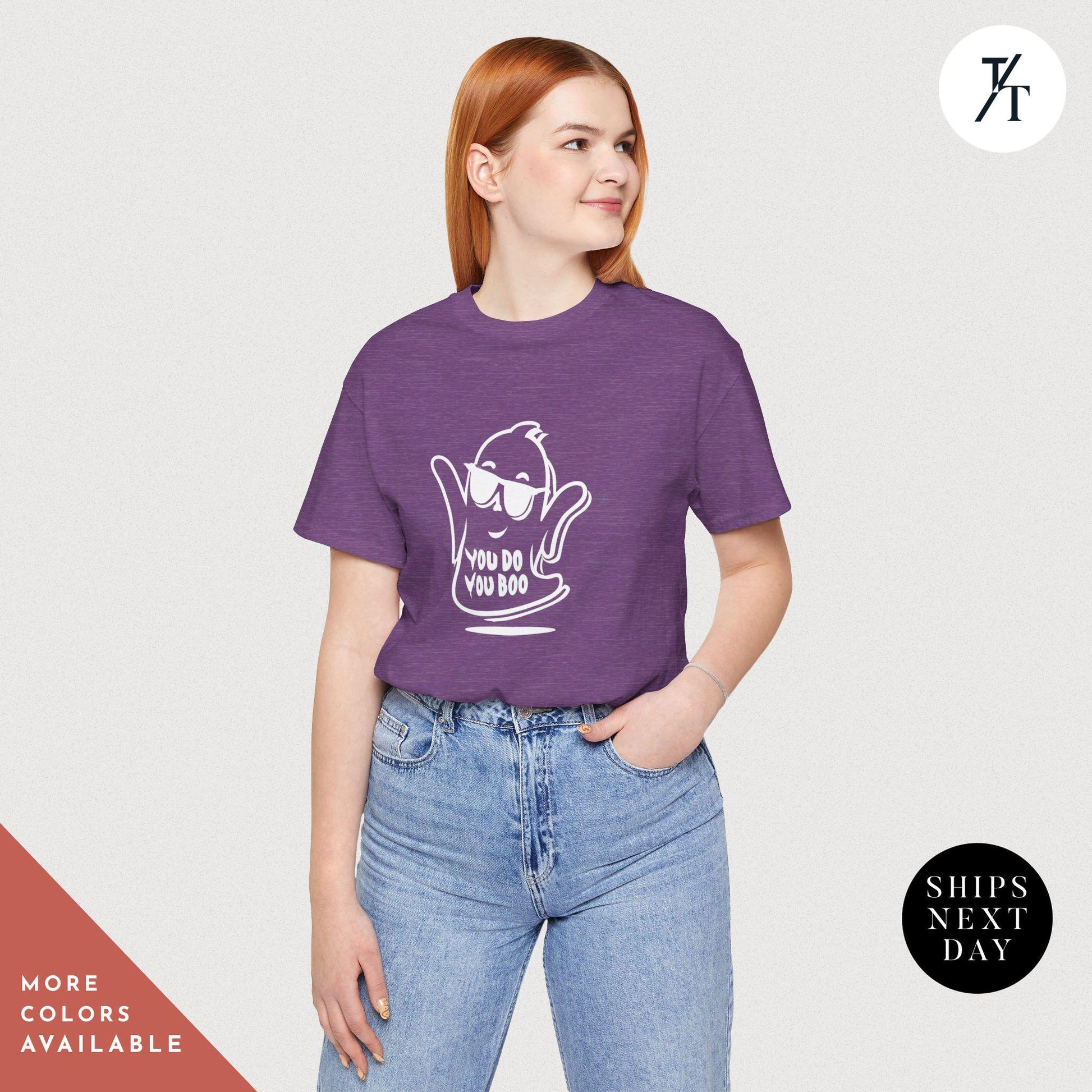 a woman wearing a purple t - shirt with a ghost on it, , Cute Ghost Shirt, You Do You Boo Shirt, Spooky Season, Funny Halloween Gifts, Cute Halloween tShirt, I Ghost People tShirt, Spooky Vibes tee