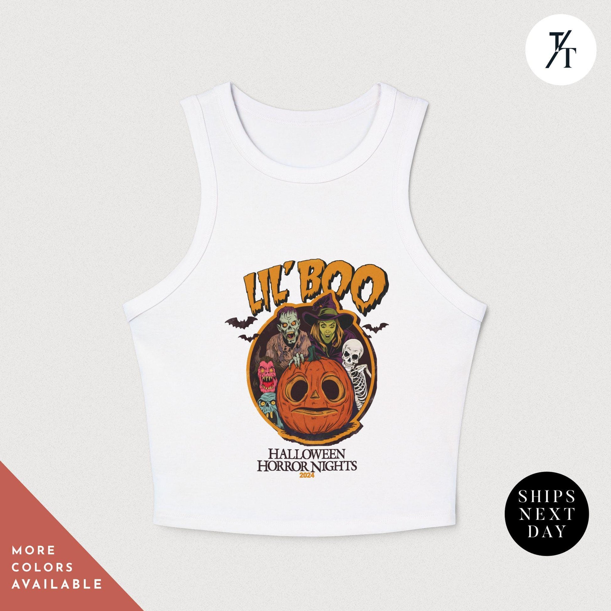 a white crop top with an image of a pumpkin on it, Halloween Horror Nights Crop Lil Boo HHN baby tee, hhn crop tank, rib Universal Scary night, Spooky Halloween Party Tshirt, horror nig