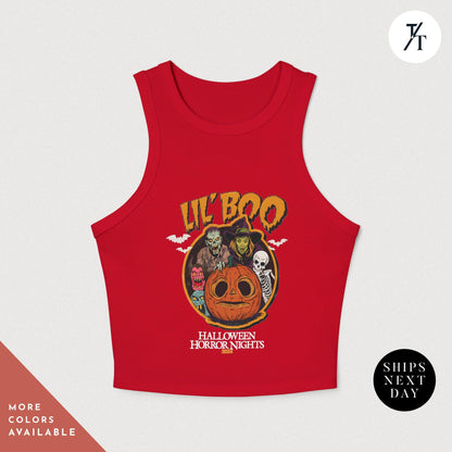 a red shirt with a picture of a pumpkin on it, Halloween Horror Nights Crop Lil Boo HHN baby tee, hhn crop tank, rib Universal Scary night, Spooky Halloween Party Tshirt, horror nig