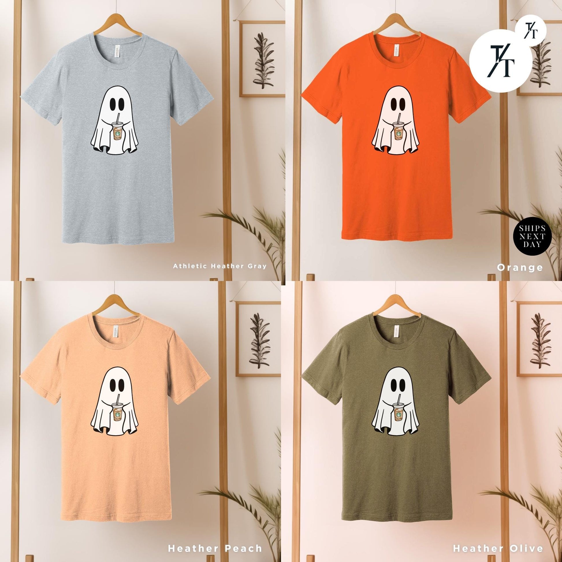 four t - shirts with a cartoon ghost on them, Coffe Ghost Shirt, Little Ghost Iced Coffee Shirt, Halloween Gift Cute Ghost Embroidered Sweatshirt Funny Halloween Tee, Spooky Season Shirt