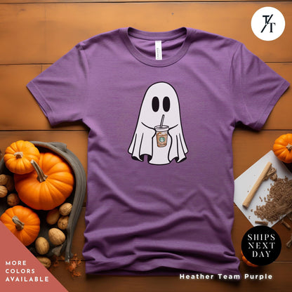 a purple shirt with a ghost holding a cup of coffee, Coffe Ghost Shirt, Little Ghost Iced Coffee Shirt, Halloween Gift Cute Ghost Embroidered Sweatshirt Funny Halloween Tee, Spooky Season Shirt
