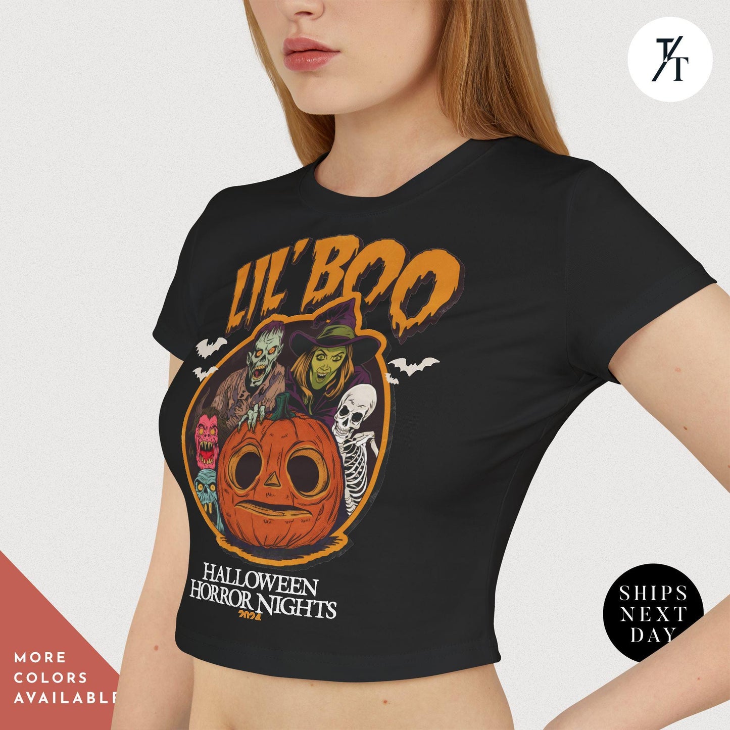 a woman wearing a black halloween t - shirt, Halloween Horror Nights Crop Top Lil Boo HHN rib baby tee, HHN Crop Top, 2024 horror nights Baby Tee, hhn Halloween, Universal Orlando tee