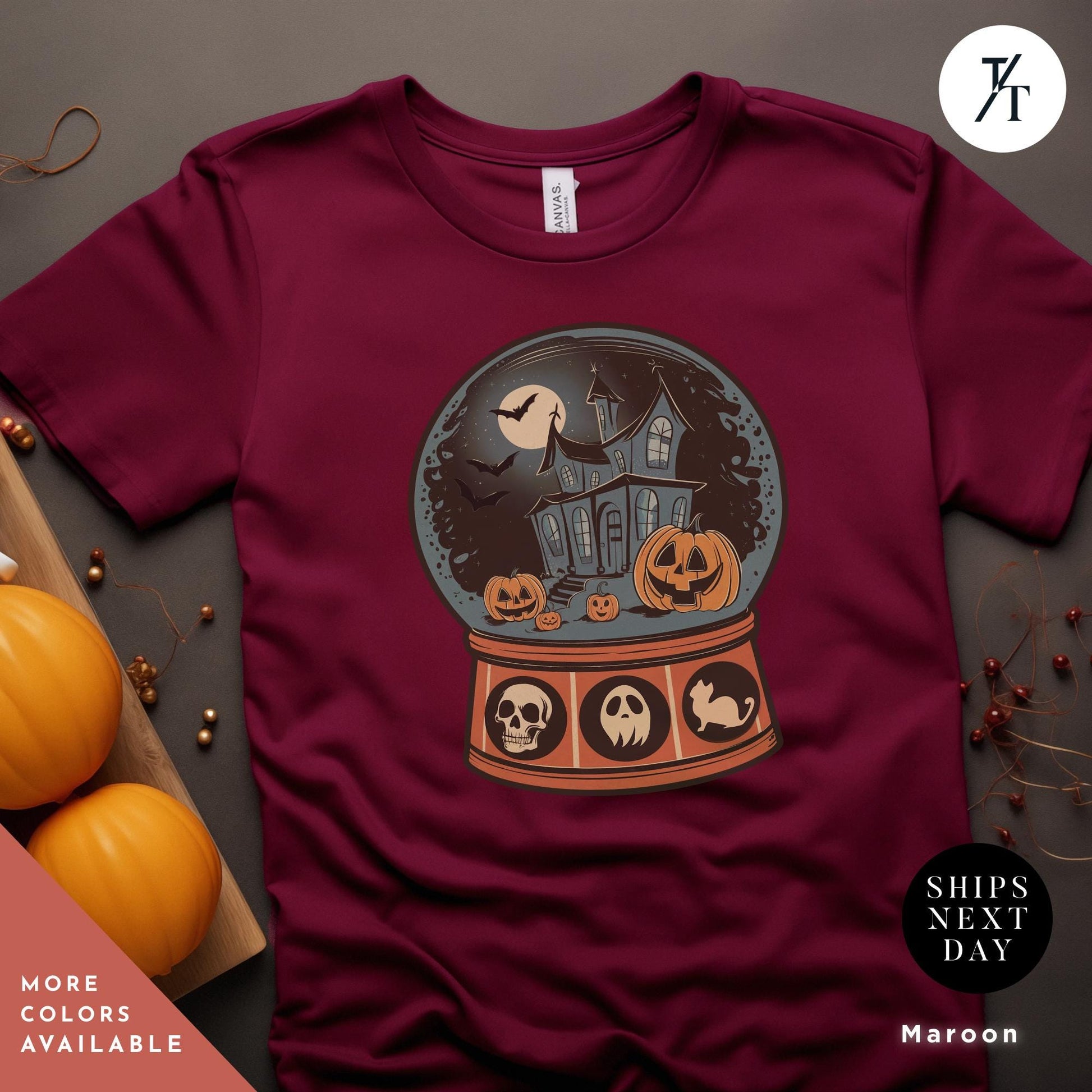 a t - shirt with a picture of of a halloween snow globe, Retro Halloween Shirt, Long Live Halloween, Vintage Halloween Shirt, Retro Halloween, Fall Apparel spooky Season Tee Pumpkin Shirt Black Cat