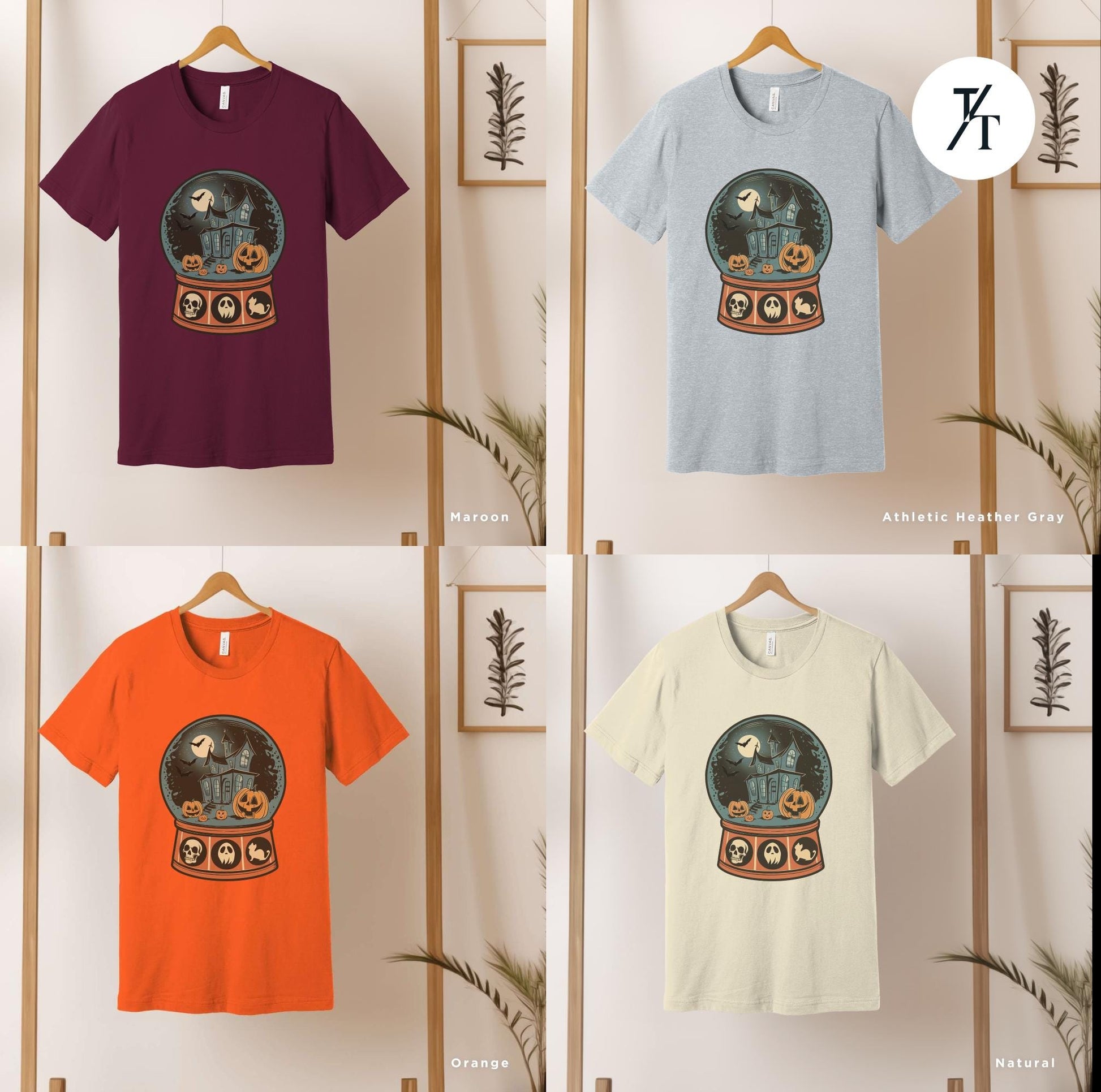 four t - shirts of different colors with a picture of a of a halloween snow globe, Retro Halloween Shirt, Long Live Halloween, Vintage Halloween Shirt, Retro Halloween, Fall Apparel spooky Season Tee Pumpkin Shirt Black Cat